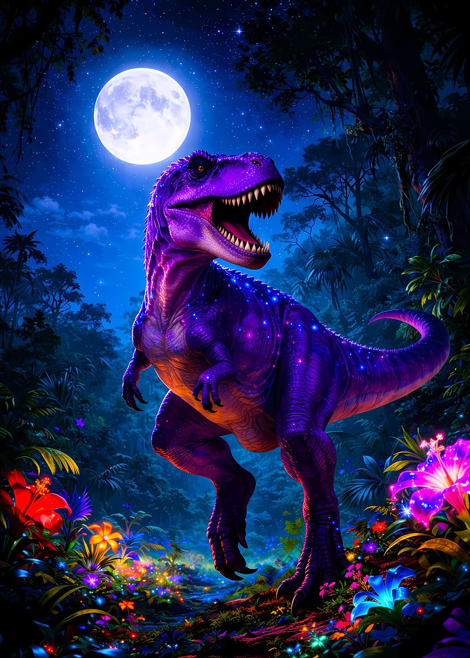 Purple Dinosaur in a Floral Jungle