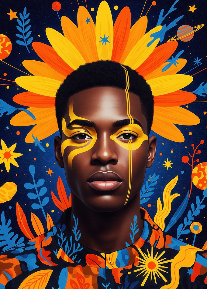 Portrait with Floral and Cosmic Elements