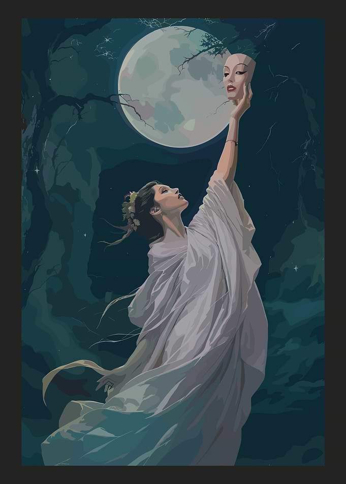 Woman with Mask Under Moonlight