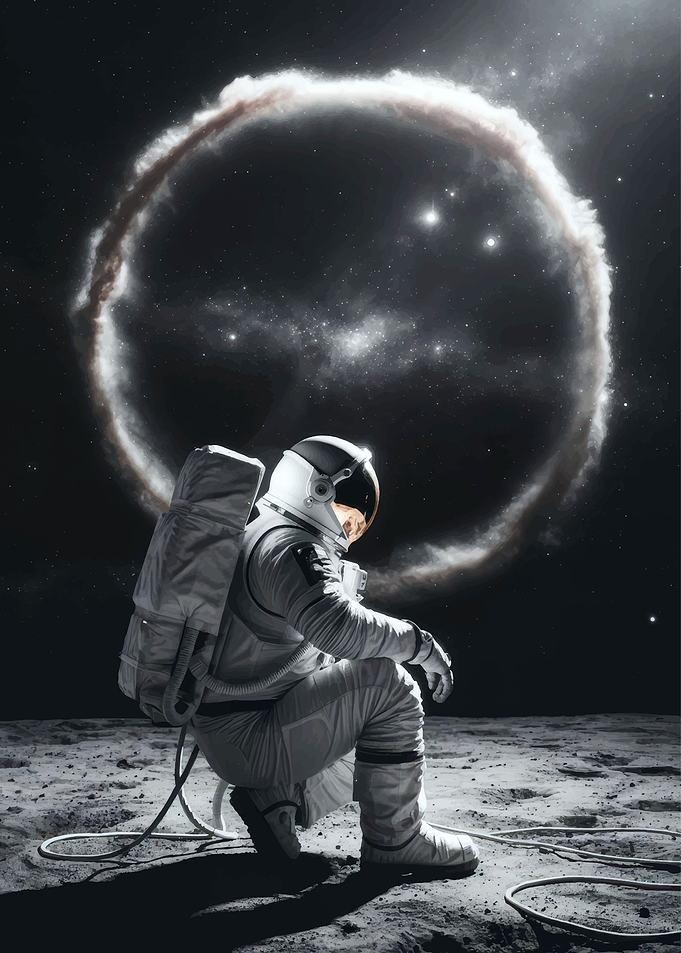 Astronaut on Moon with Nebula Ring