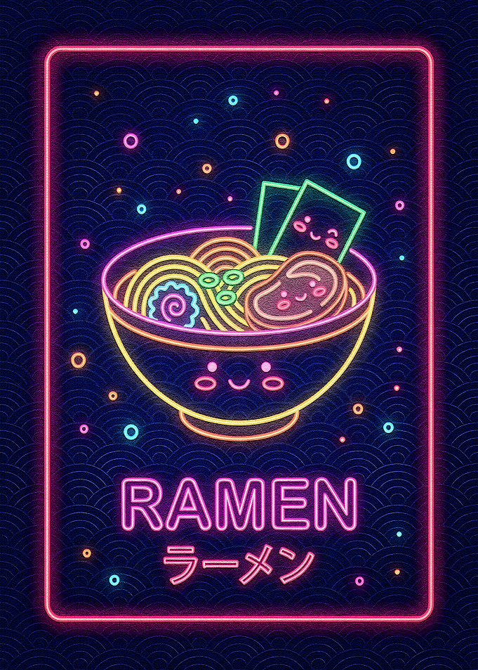 Neon Ramen Bowl Kawaii Illustration