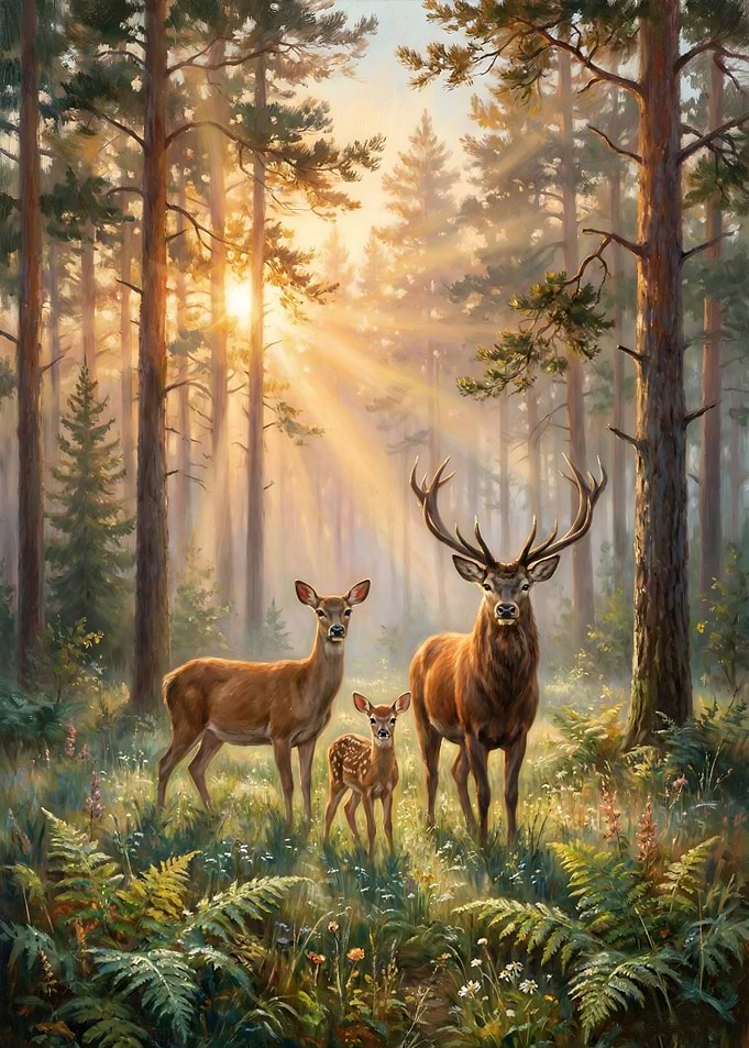 Deer family in a forest painting