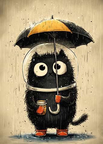 Cartoon Cat in Rain with Umbrella