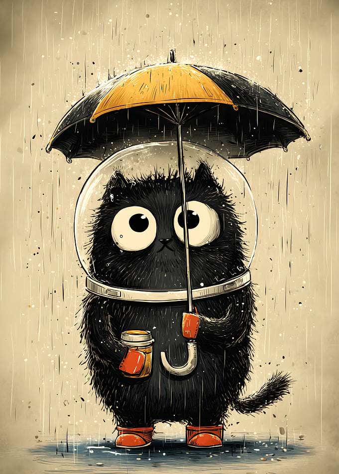 Cartoon Cat in Rain with Umbrella