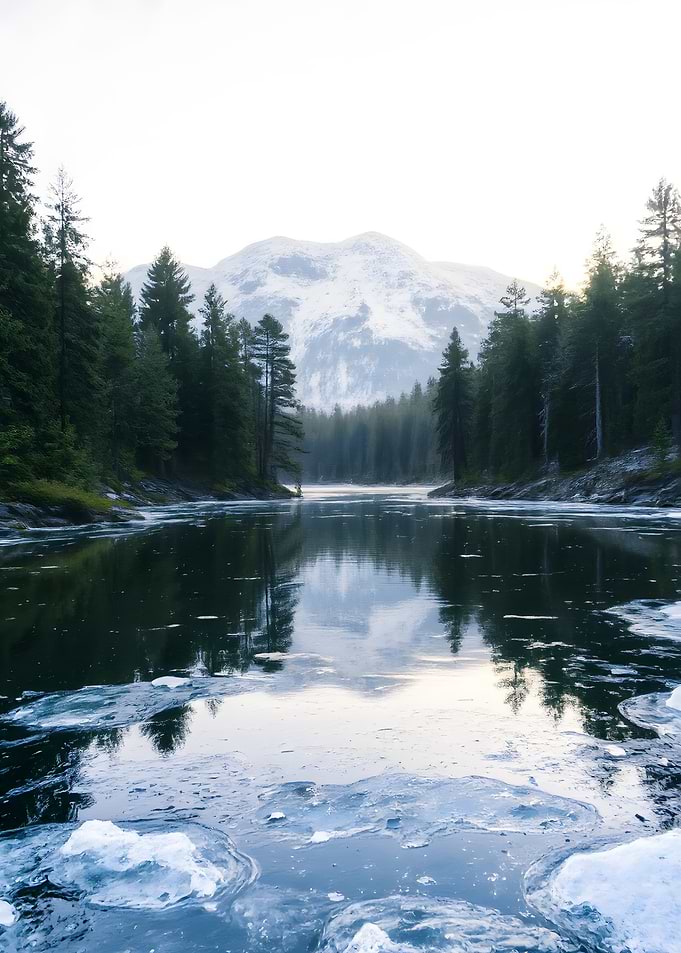 Icy Lake Surrounded by Forest
