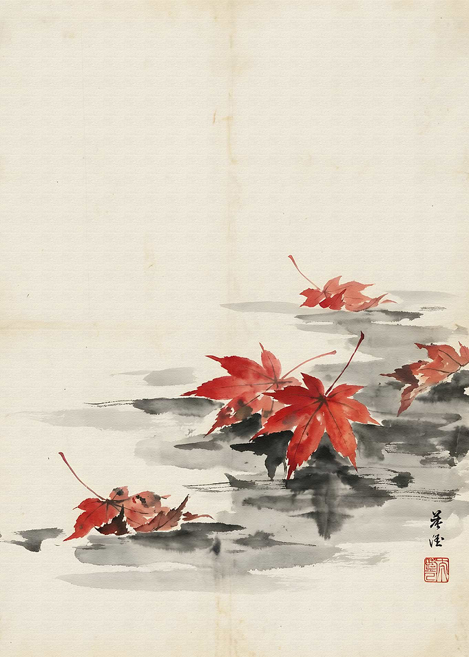 Japanese Maple Leaves Ink Painting