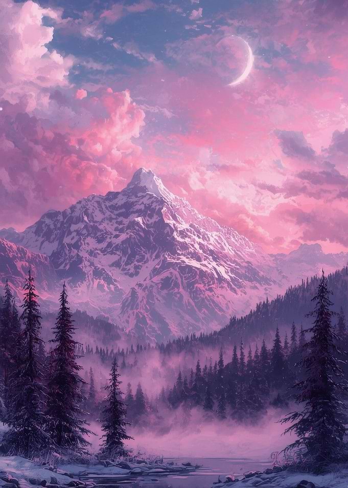 Pink Mountain Landscape with Crescent Moon