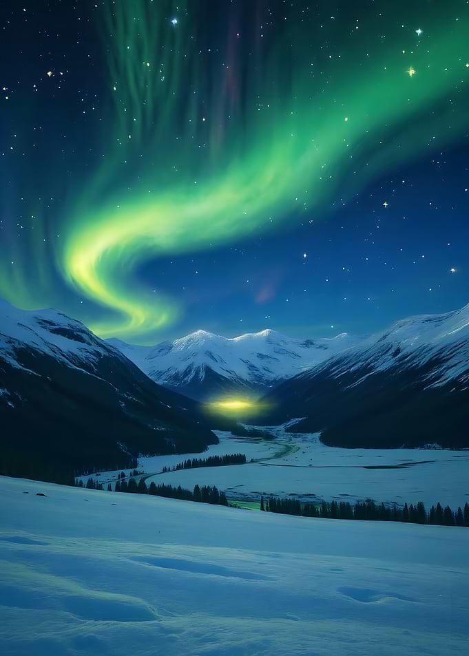 Aurora Borealis over Snowy Mountains