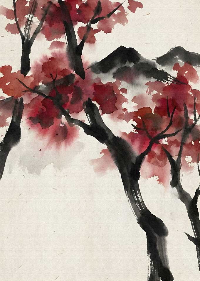 Japanese Ink Painting: Red Blossoms