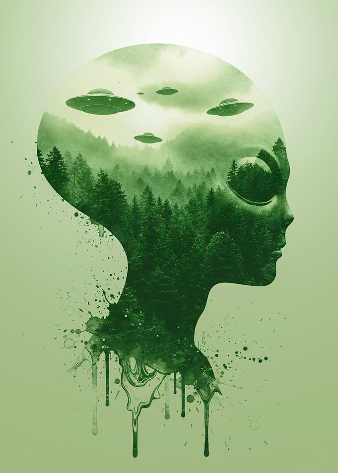 Alien Silhouette with Forest and UFOs