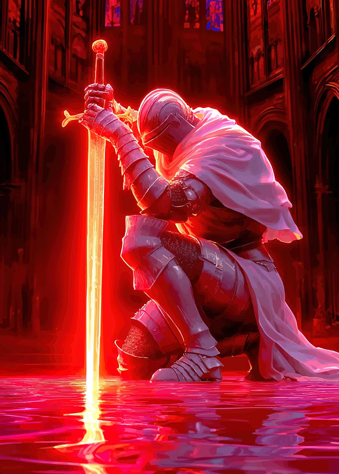 Knight kneeling with glowing sword