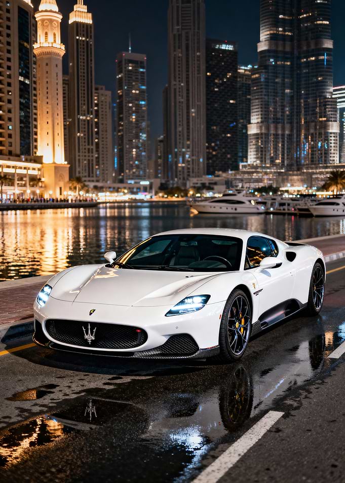 White Maserati MC20 in Dubai at Night