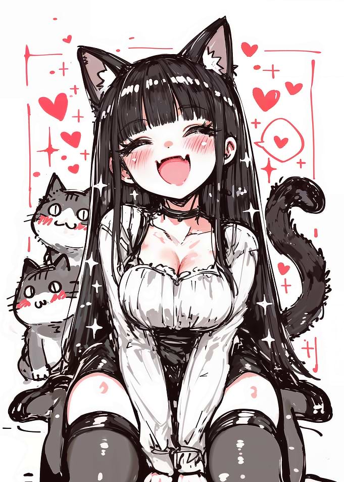Cute Anime Girl with Tuxedo Cats