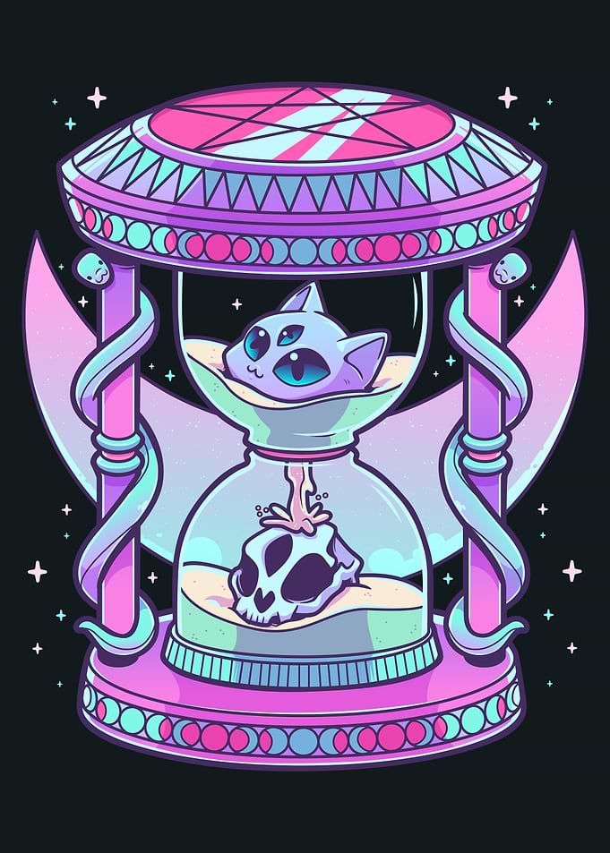 Pastel Goth Hourglass with Cat and Skull