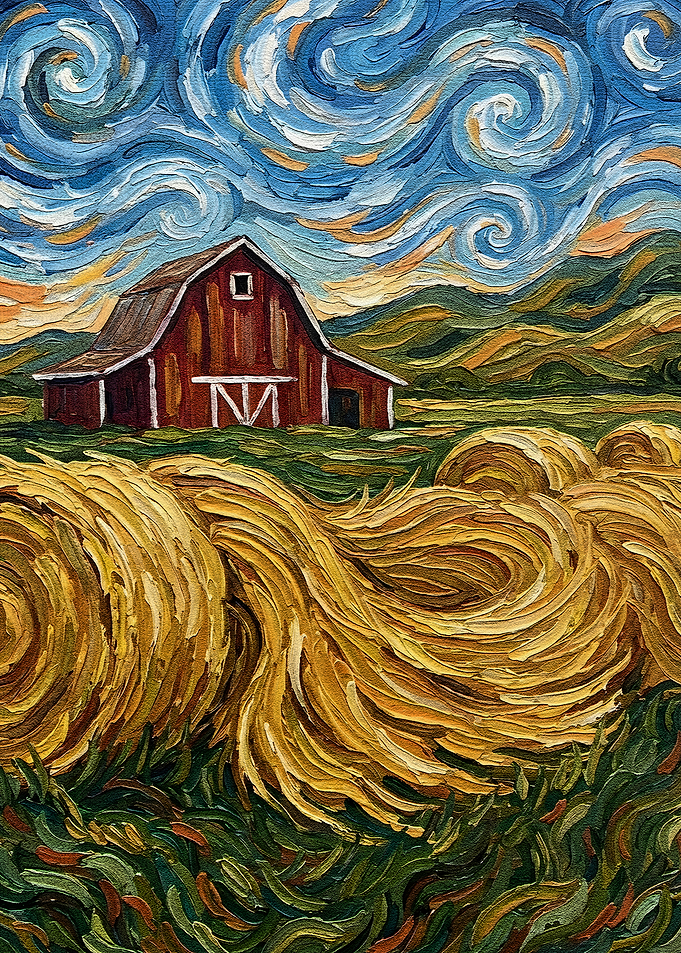 Impressionistic Barn and Hay Bales Painting