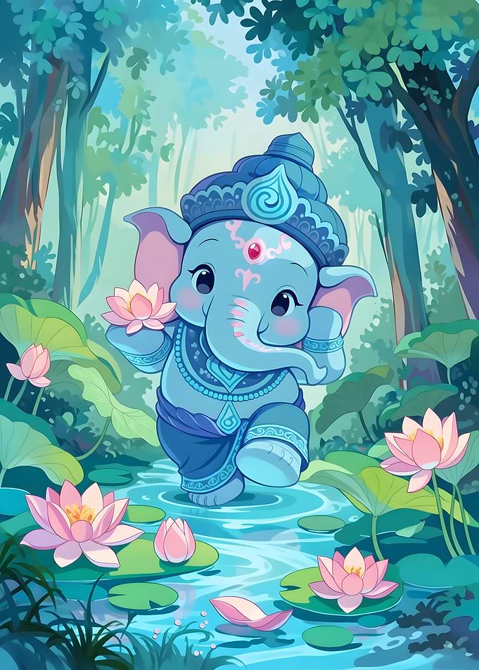 Cute Ganesha in Lotus Pond