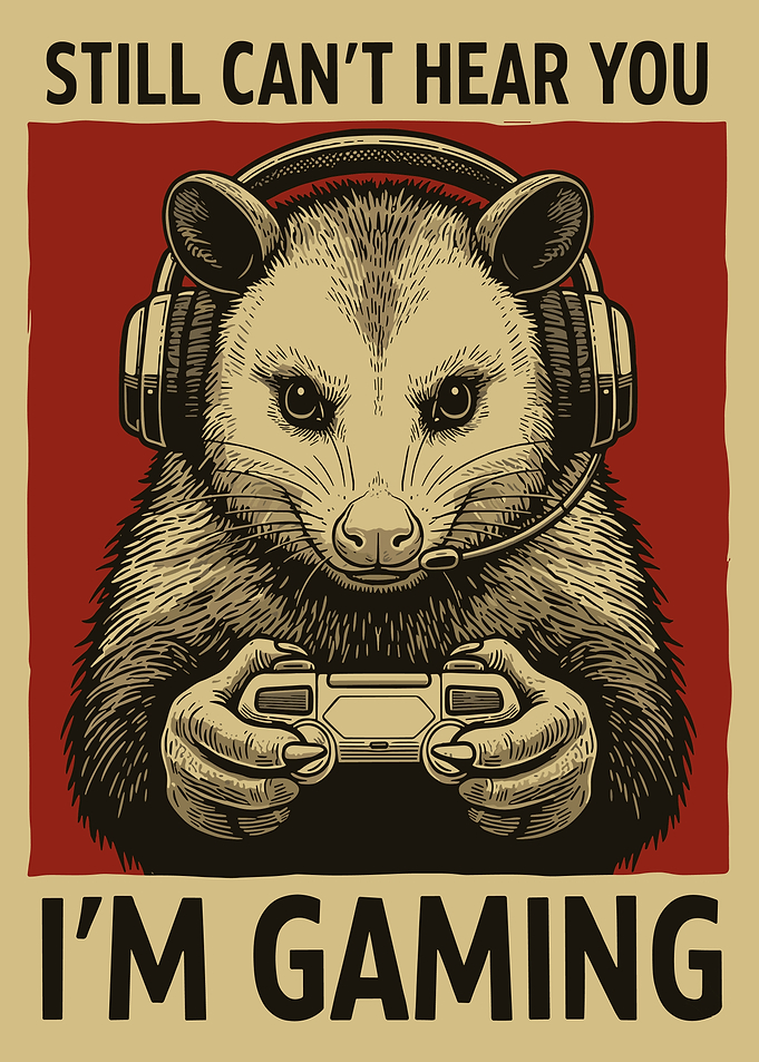 Still Can’t Hear You I’m Gaming Poster, Opossum Gamer Art, Vintage Video Game Wall Print