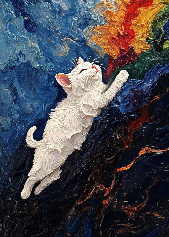 Dreamy White Cat Climbing Colorful Abstract