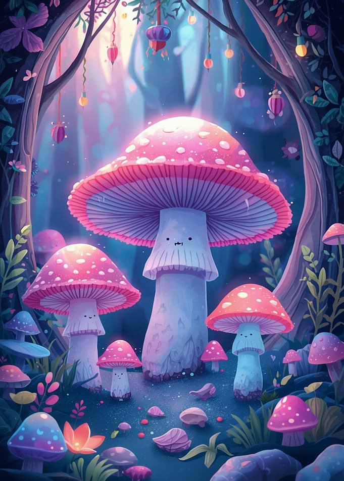 Enchanted Mushroom Forest with Cute Faces