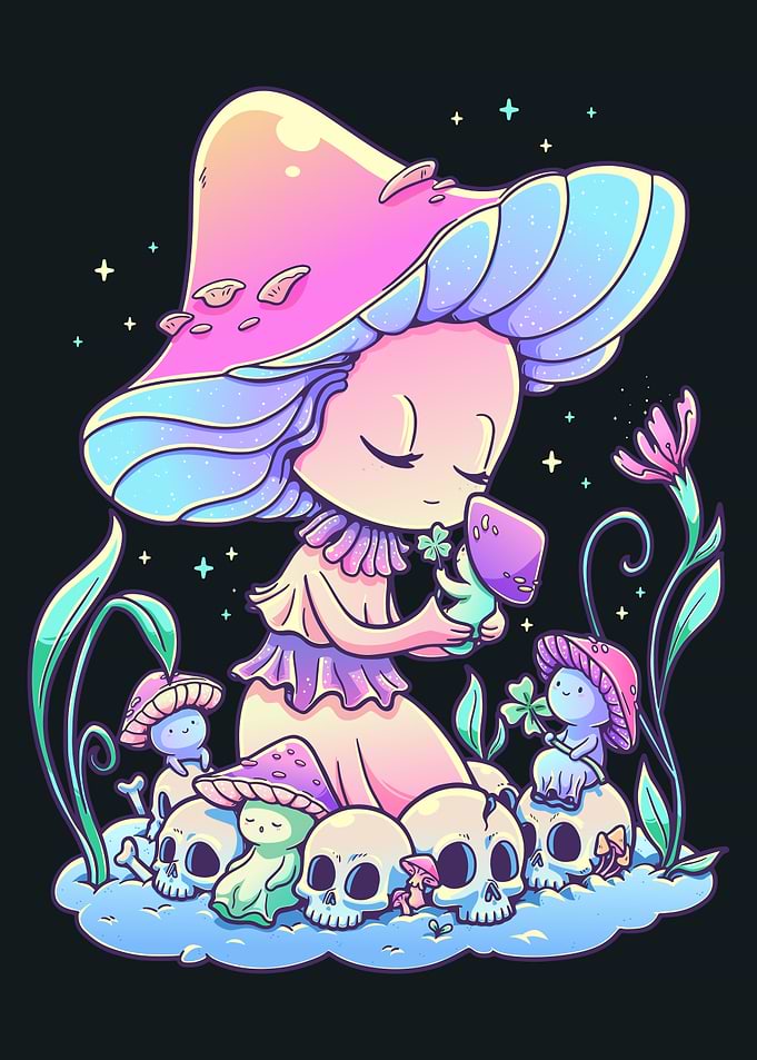 Pastel Mushroom Fairy with Skulls and Flowers