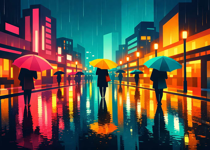 Rainy City Street with Umbrellas