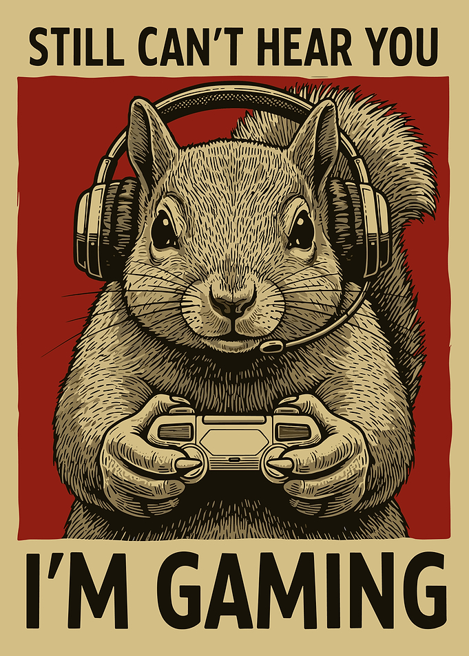 Still Can't Hear You I'm Gaming Poster, Squirrel Gamer Wall Art, Red Video Game Print