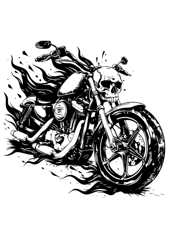 Skull Motorcycle Black and White Illustration