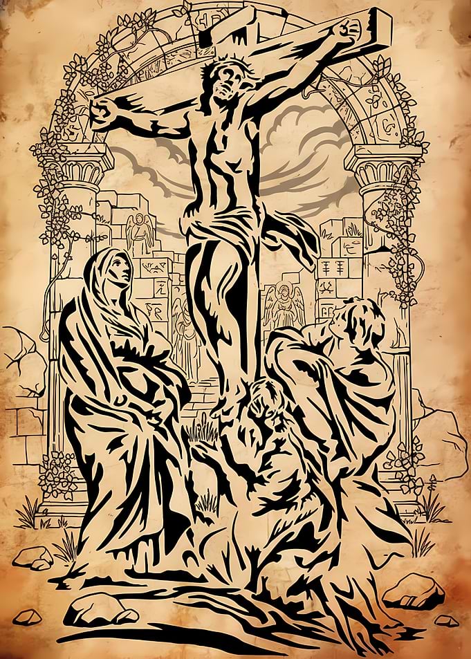 Crucifixion scene illustration on parchment
