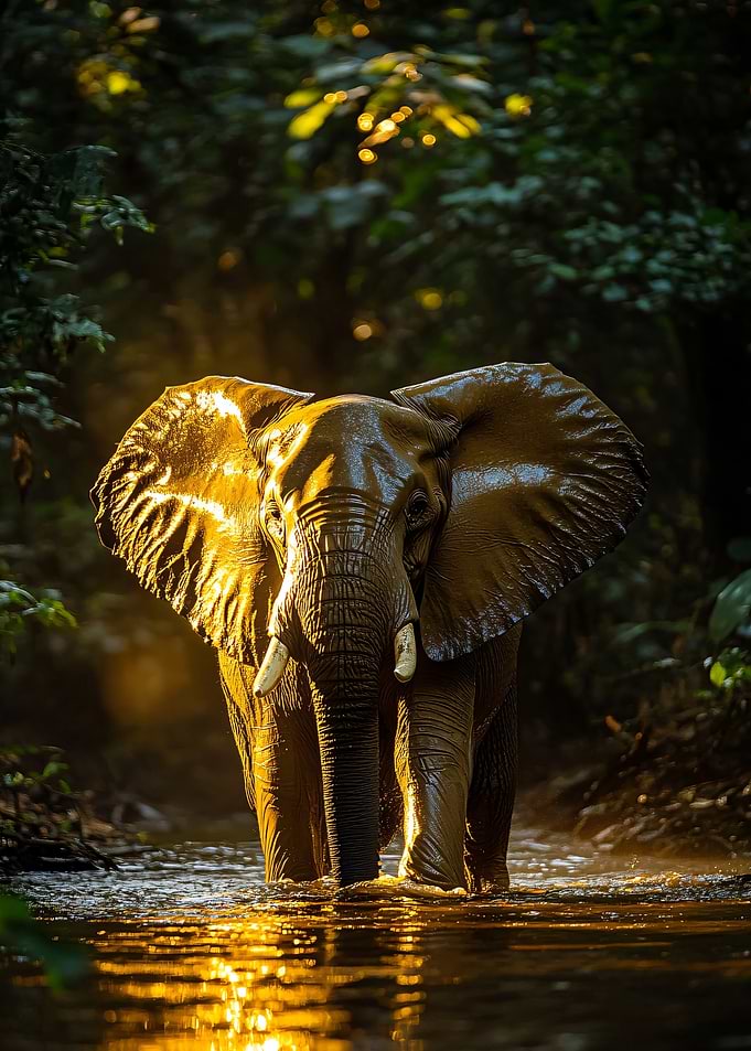 Elephant in Water, Forest Backdrop