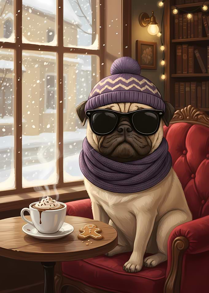 Pug in Winter Outfit with Cocoa
