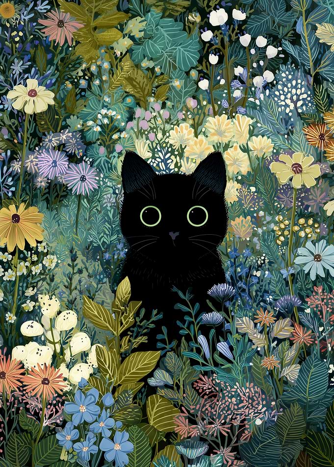 Black Cat in a Floral Garden