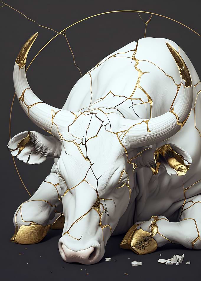Cracked White and Gold Bull Sculpture