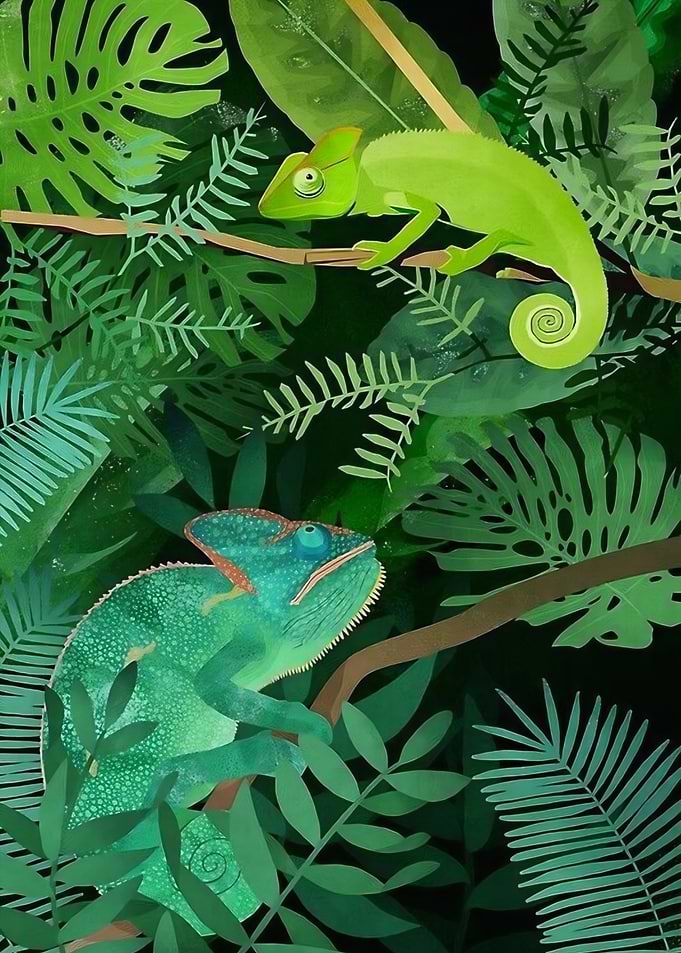 Chameleons in Lush Green Foliage