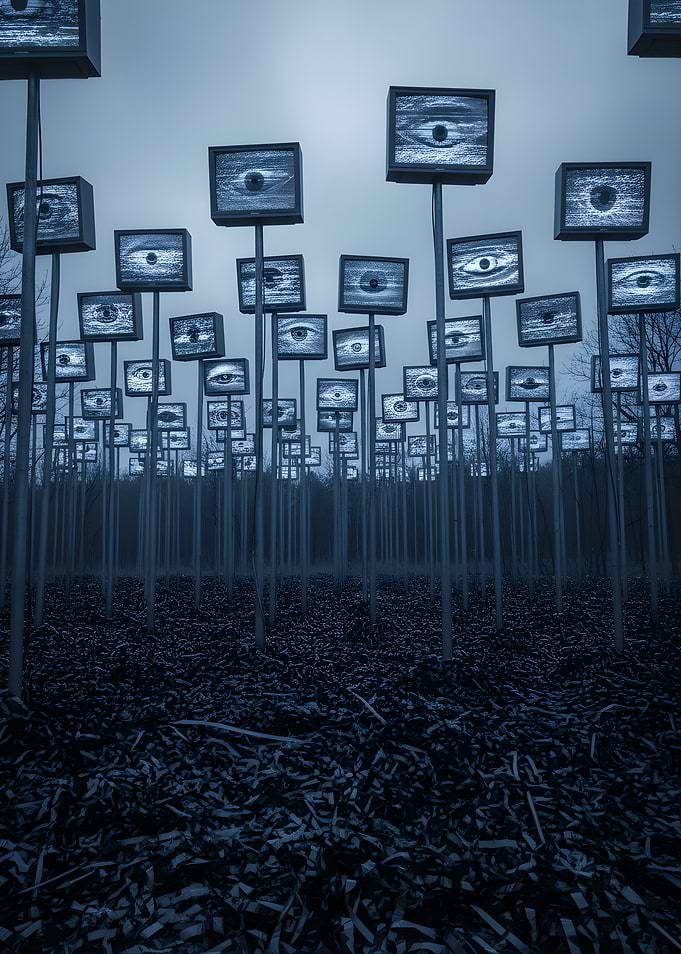 Surreal Eye Monitors in Forest