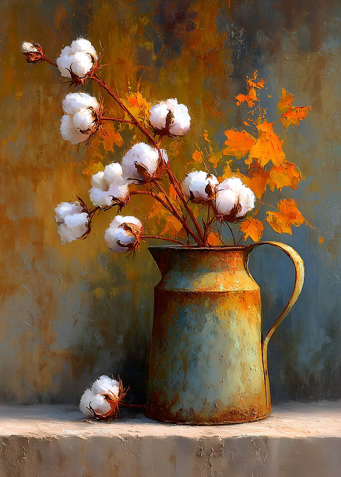 Cotton Still Life with Rustic Pitcher