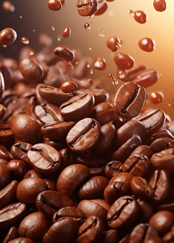 Falling Coffee Beans with Water Droplets