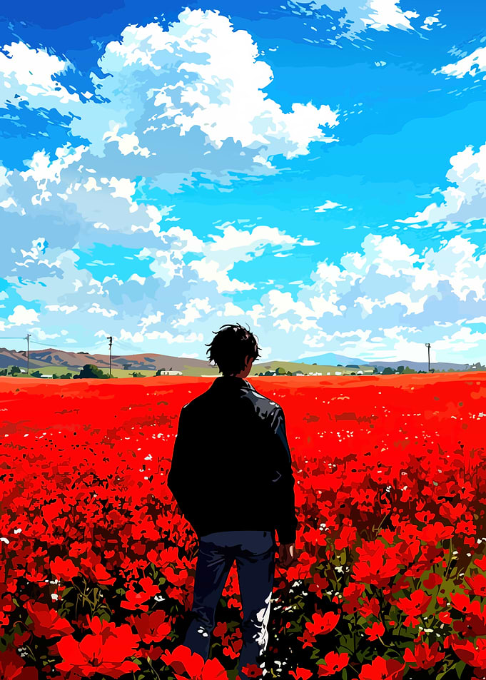 Red Flower Field and Blue Sky