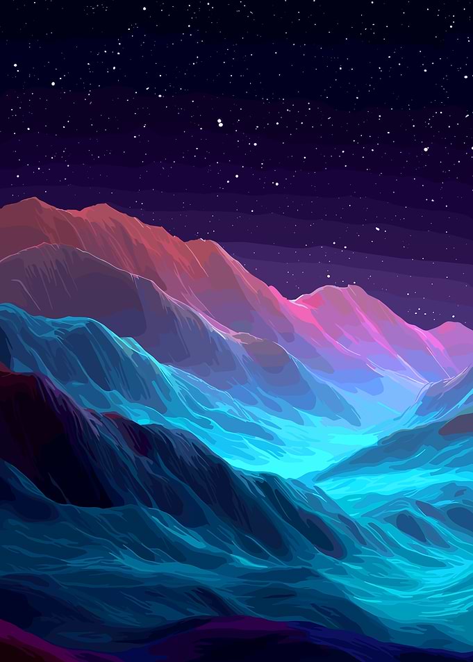 Colorful Mountain Range Under Starry Sky