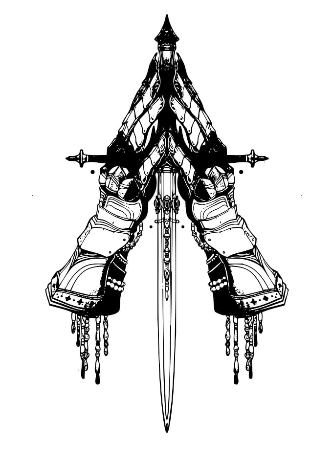 Gauntlets Holding Sword Black and White