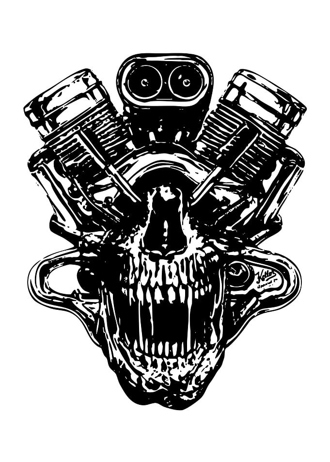 Skull Engine Black and White Illustration