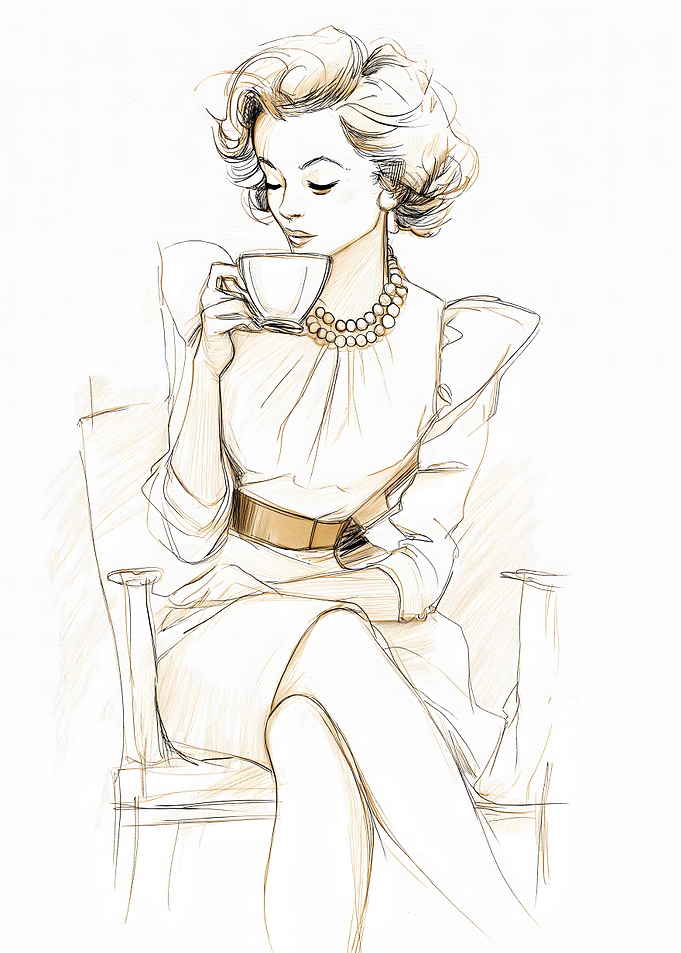 Elegant Woman Drinking Coffee Sketch