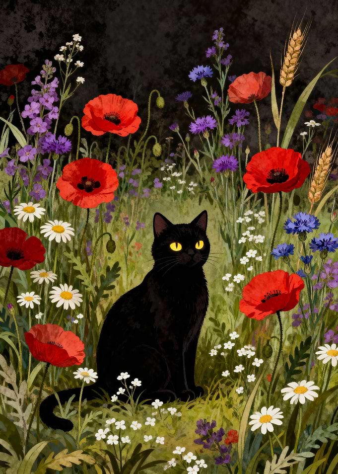 Black Cat in Wildflower Meadow
