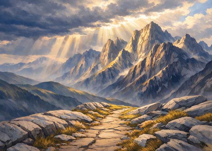 Mountain Landscape with Sunlight and Path