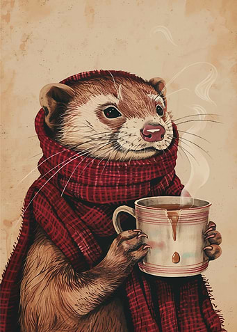 Ferret with Coffee Mug and Scarf