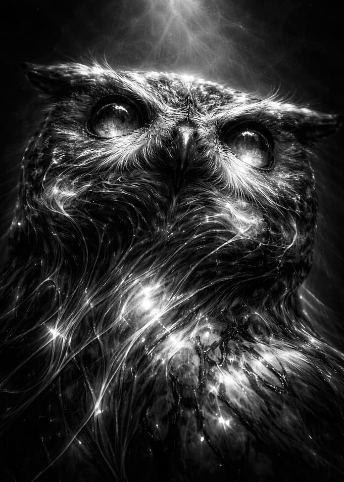 Monochrome Owl Portrait with Luminous Details