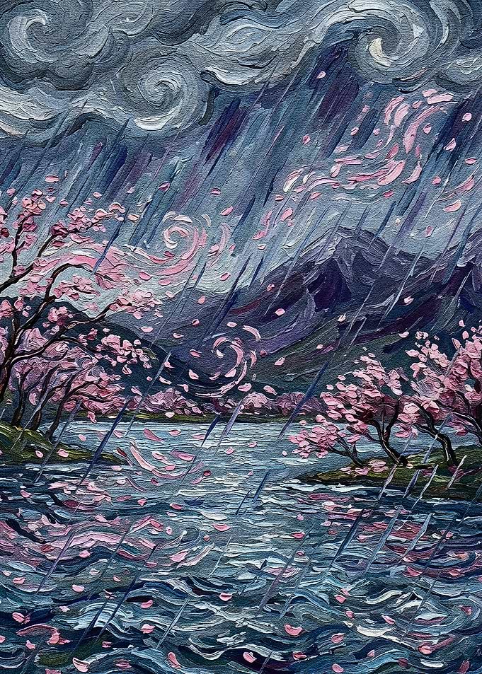 Rainy Cherry Blossom Landscape Painting