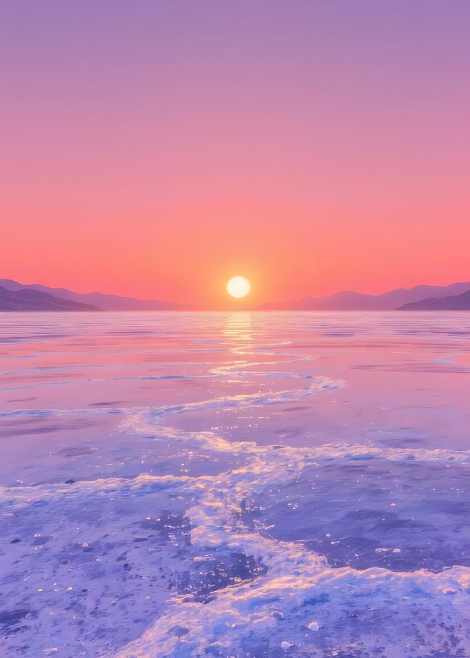 Pink Sunset Over Frozen Lake