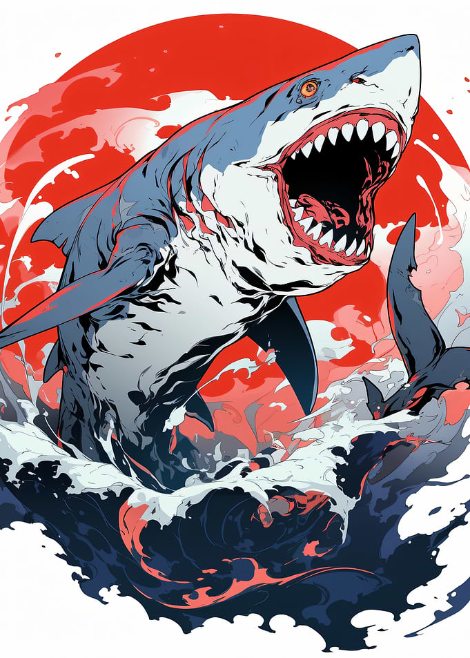 Aggressive Shark in Red and Blue