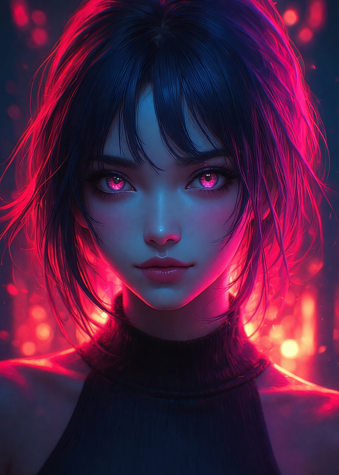 Mystic Crimson Gaze: Surreal Portrait with Glowing Eyes