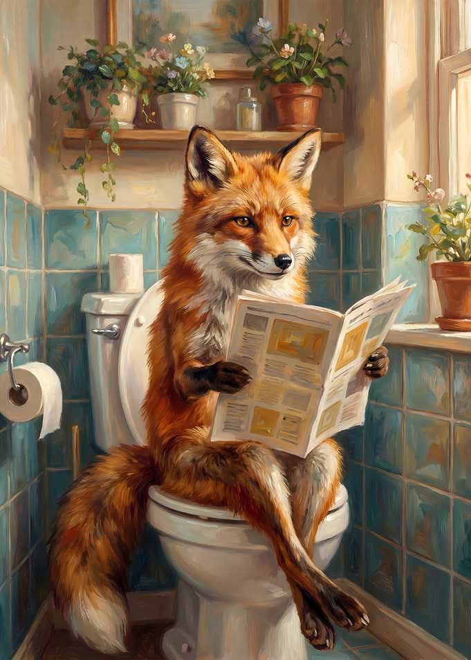 Fox Reading Newspaper on Toilet